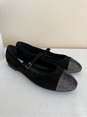 New AGL Black Mary Jane Flats with Sparkle Cap Toe